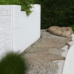 A whimsical garden path created with crazy paving stones, nestled beside a pristine white brick wall