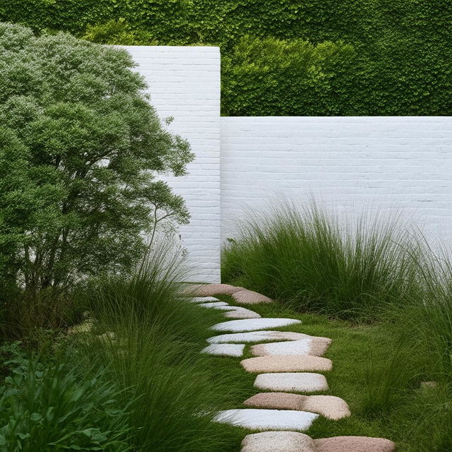 A whimsical garden path created with crazy paving stones, nestled beside a pristine white brick wall