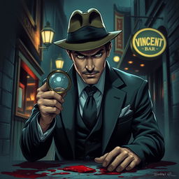 A handsome detective named Vincent, dressed in a sharp, tailored suit, with a stern yet charismatic expression