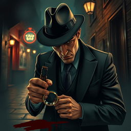 A handsome detective named Vincent, dressed in a sharp, tailored suit, with a stern yet charismatic expression
