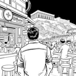A stylized black and white illustration capturing a man's nightlife adventure in Athens, Greece, specifically in a series of lively bars