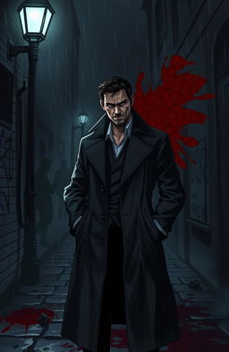 A dark and moody scene depicting Detective Vincent, a brooding character with a trench coat, standing under a flickering street lamp in a rain-soaked alley