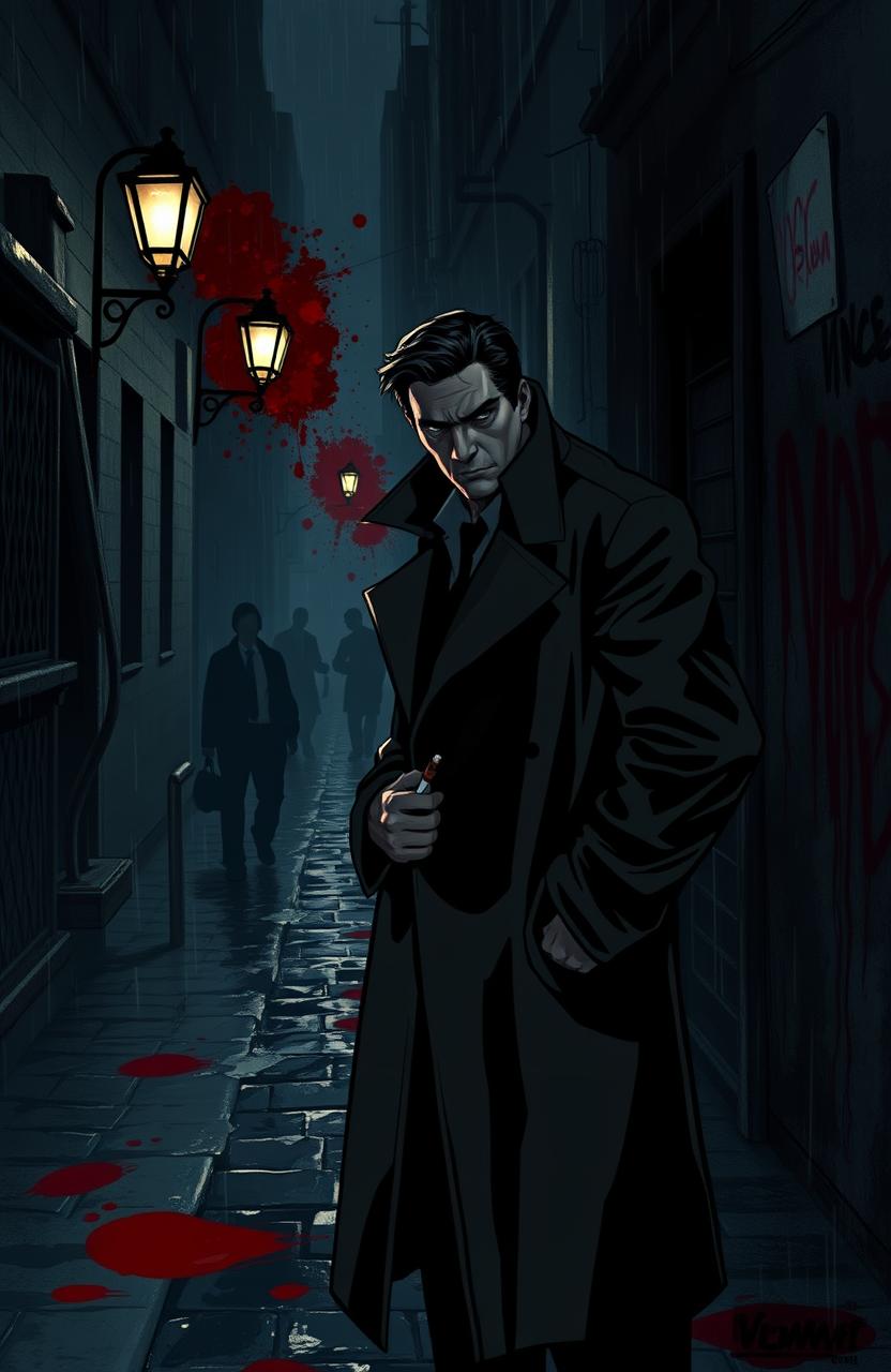 A dark and moody scene depicting Detective Vincent, a brooding character with a trench coat, standing under a flickering street lamp in a rain-soaked alley