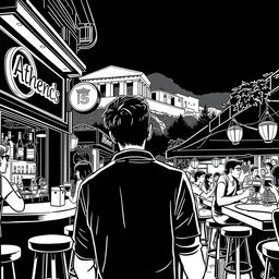 A stylized black and white illustration capturing a man's nightlife adventure in Athens, Greece, specifically in a series of lively bars
