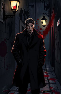 A dark and moody scene depicting Detective Vincent, a brooding character with a trench coat, standing under a flickering street lamp in a rain-soaked alley