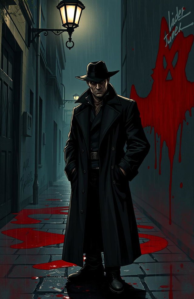 A dark and moody scene depicting Detective Vincent, a brooding character with a trench coat, standing under a flickering street lamp in a rain-soaked alley