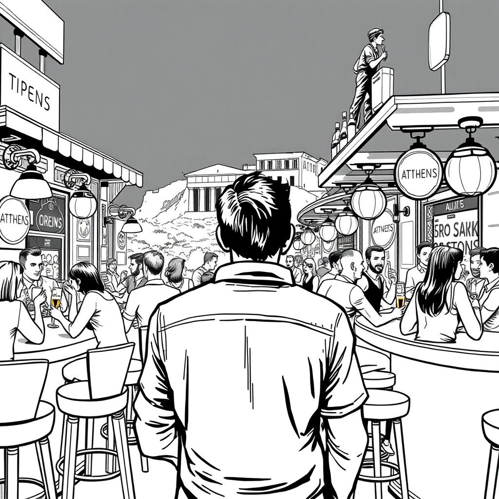 A stylized black and white illustration capturing a man's nightlife adventure in Athens, Greece, specifically in a series of lively bars