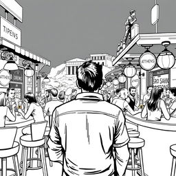 A stylized black and white illustration capturing a man's nightlife adventure in Athens, Greece, specifically in a series of lively bars