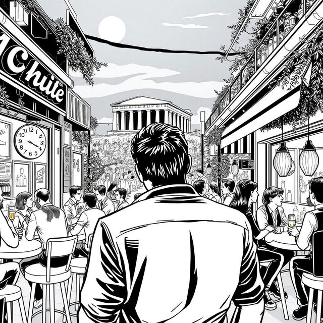 A stylized black and white illustration capturing a man's nightlife adventure in Athens, Greece, specifically in a series of lively bars