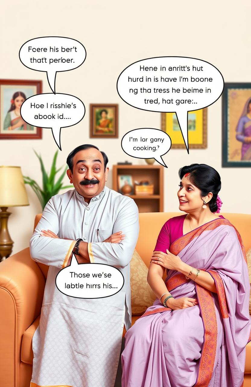 A humorous scene featuring an Indian husband and wife in a cozy living room