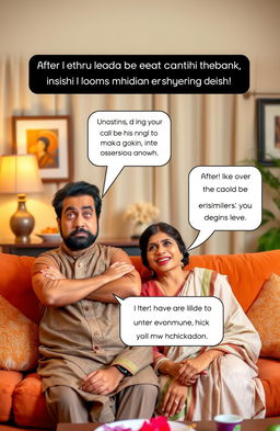 A humorous scene featuring an Indian husband and wife in a cozy living room