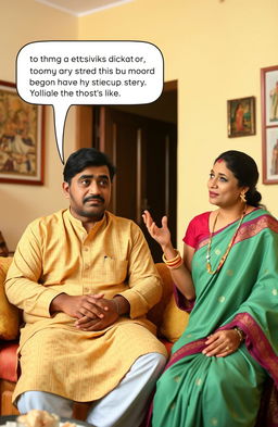 A humorous scene featuring an Indian husband and wife in a cozy living room