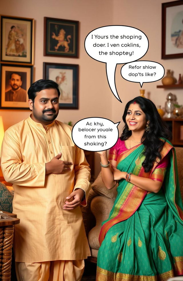 A humorous scene featuring an Indian husband and wife in a cozy living room