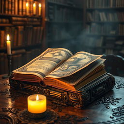 An enchanting scene depicting an ancient, ornate book resting on an intricately carved wooden table