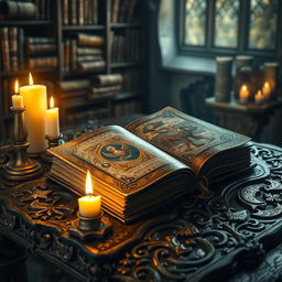 An enchanting scene depicting an ancient, ornate book resting on an intricately carved wooden table