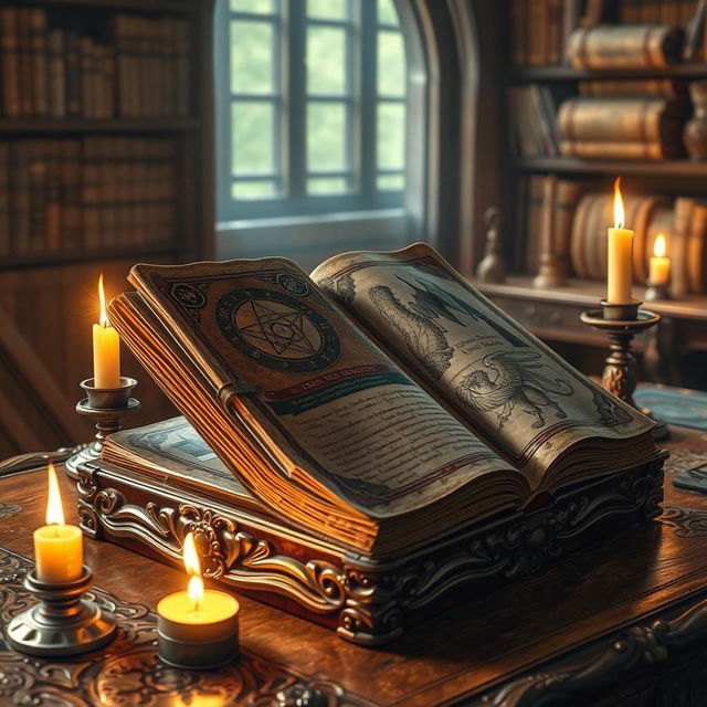 An enchanting scene depicting an ancient, ornate book resting on an intricately carved wooden table