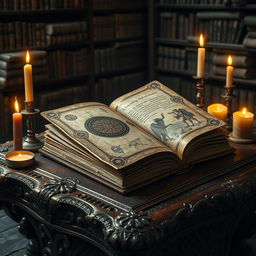 An enchanting scene depicting an ancient, ornate book resting on an intricately carved wooden table