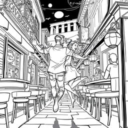 A stylized black and white line drawing depicting a man and his girlfriend enjoying a nightlife adventure in Athens, Greece