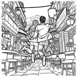A stylized black and white line drawing depicting a man and his girlfriend enjoying a nightlife adventure in Athens, Greece