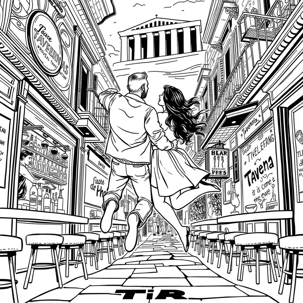 A stylized black and white line drawing depicting a man and his girlfriend enjoying a nightlife adventure in Athens, Greece