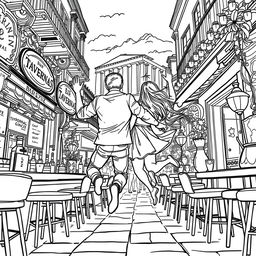A stylized black and white line drawing depicting a man and his girlfriend enjoying a nightlife adventure in Athens, Greece