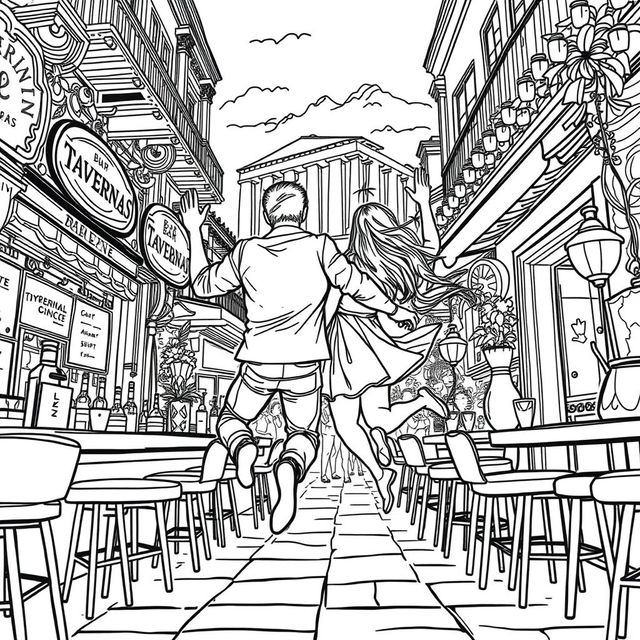 A stylized black and white line drawing depicting a man and his girlfriend enjoying a nightlife adventure in Athens, Greece