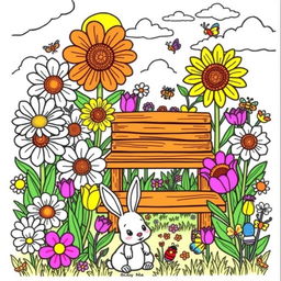 A colorful and engaging coloring book page featuring a whimsical garden filled with oversized flowers, playful insects, and a charming wooden bench