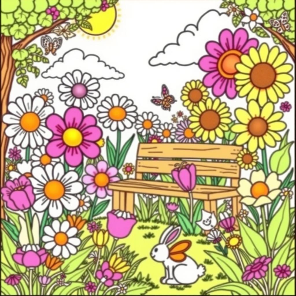 A colorful and engaging coloring book page featuring a whimsical garden filled with oversized flowers, playful insects, and a charming wooden bench