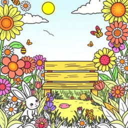 A colorful and engaging coloring book page featuring a whimsical garden filled with oversized flowers, playful insects, and a charming wooden bench