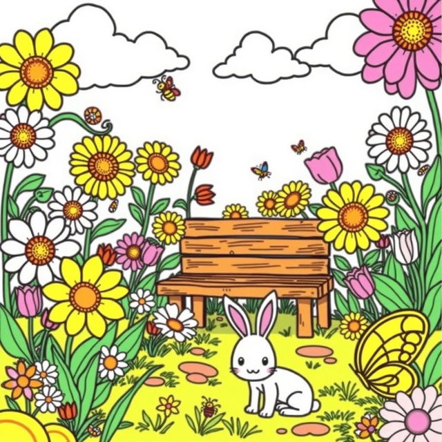 A colorful and engaging coloring book page featuring a whimsical garden filled with oversized flowers, playful insects, and a charming wooden bench