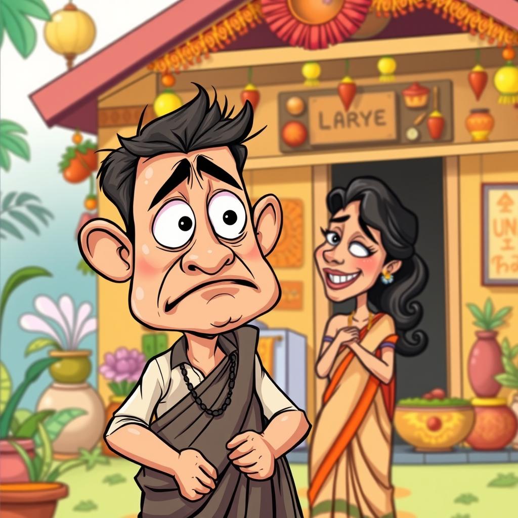 A funny cartoon depicting a worried Malayali husband with exaggerated facial expressions, illustrating his humorous concerns about his wife