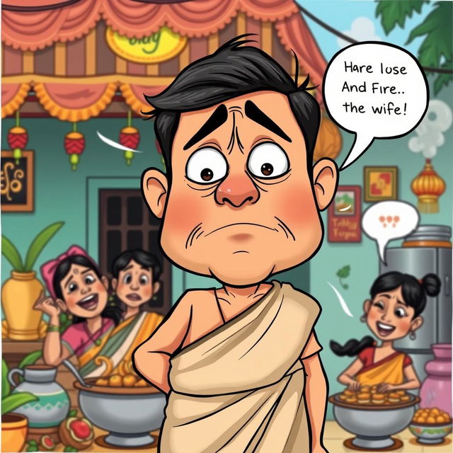 A funny cartoon depicting a worried Malayali husband with exaggerated facial expressions, illustrating his humorous concerns about his wife