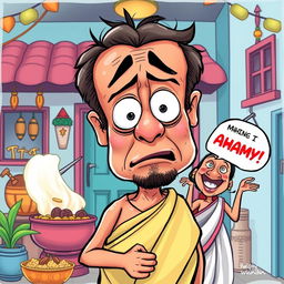 A funny cartoon depicting a worried Malayali husband with exaggerated facial expressions, illustrating his humorous concerns about his wife