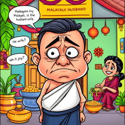A funny cartoon depicting a worried Malayali husband with exaggerated facial expressions, illustrating his humorous concerns about his wife