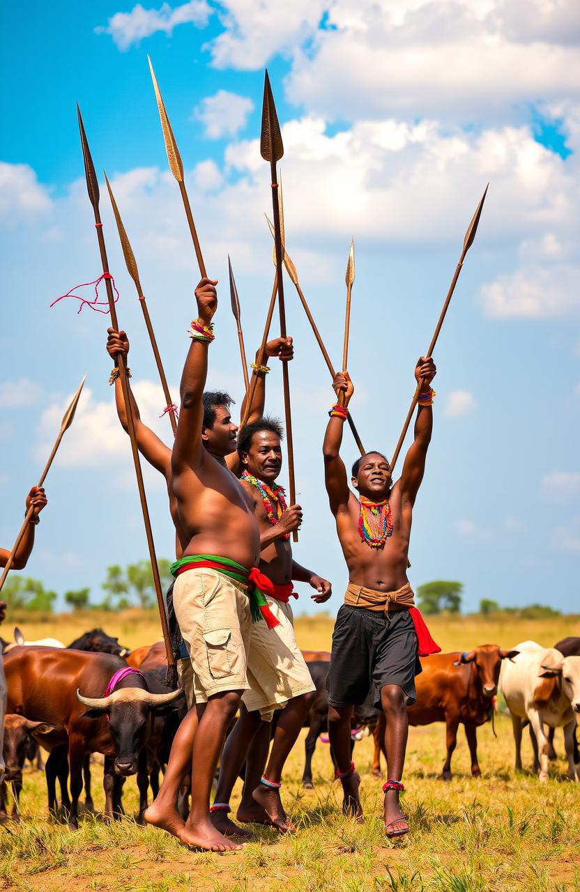 A vibrant scene depicting a group of men with various weapons such as spears and pangas raised high in the air, as though they are dancing and singing heroic songs