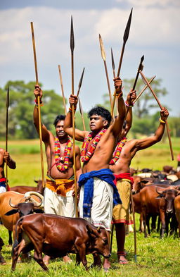 A vibrant scene depicting a group of men with various weapons such as spears and pangas raised high in the air, as though they are dancing and singing heroic songs