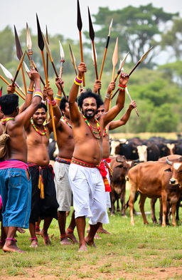 A vibrant scene depicting a group of men with various weapons such as spears and pangas raised high in the air, as though they are dancing and singing heroic songs