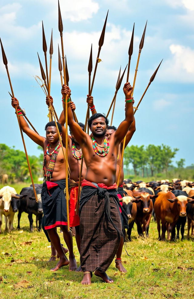 A vibrant scene depicting a group of men with various weapons such as spears and pangas raised high in the air, as though they are dancing and singing heroic songs