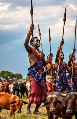 A vibrant scene depicting a group of African men engaged in a lively performance, showcasing their rich culture