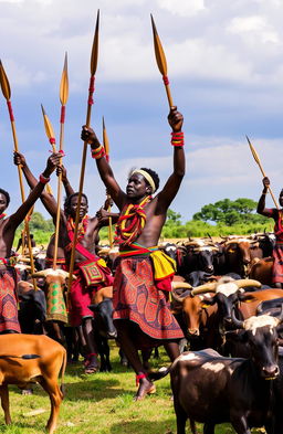 A vibrant scene depicting a group of African men engaged in a lively performance, showcasing their rich culture