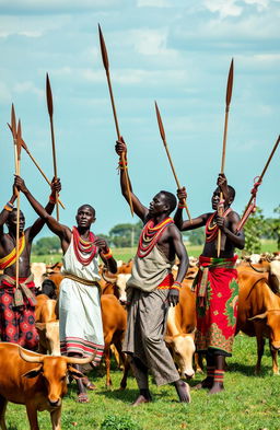 A vibrant scene depicting a group of African men engaged in a lively performance, showcasing their rich culture