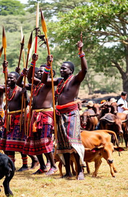 A vibrant scene depicting a group of African men engaged in a lively performance, showcasing their rich culture