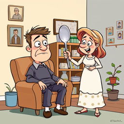 A humorous cartoon depicting a husband and wife scenario