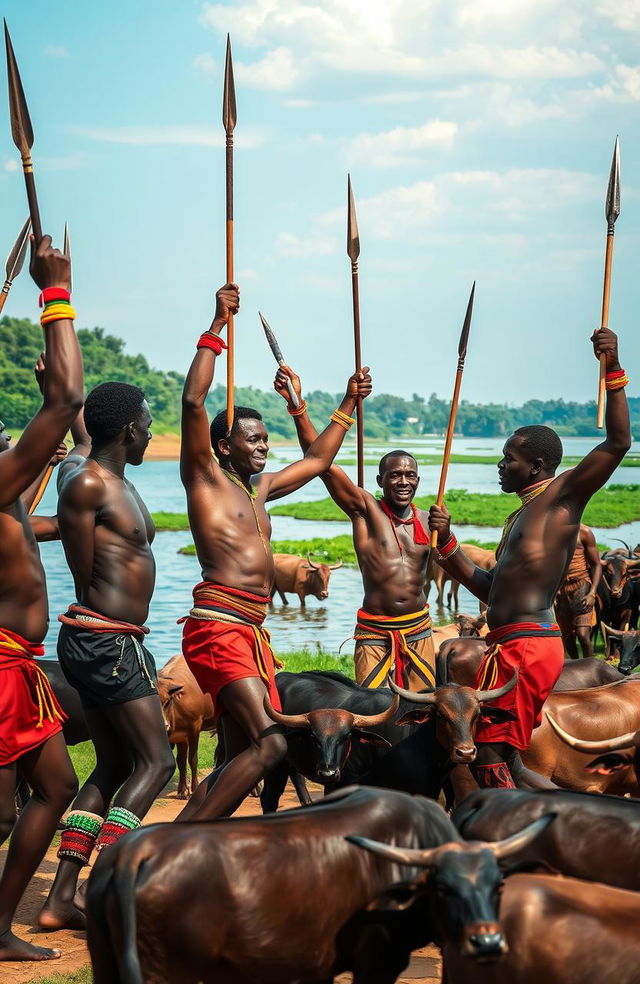 At the river shore, a vibrant scene of African men with strong physiques, joyfully dancing and singing heroic songs