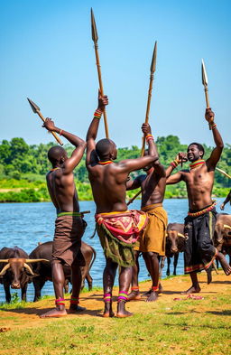 At the river shore, a vibrant scene of African men with strong physiques, joyfully dancing and singing heroic songs