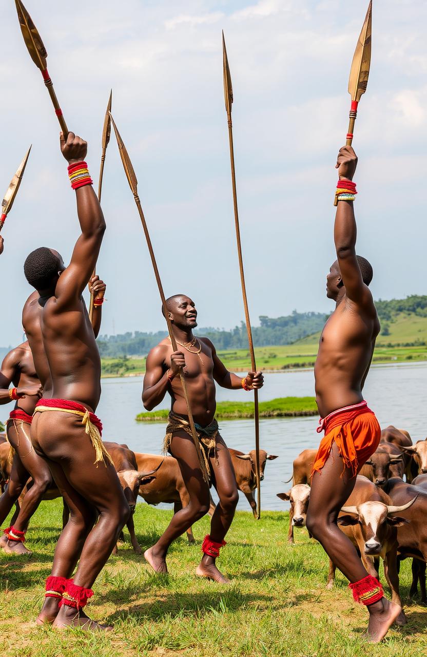 At the river shore, a vibrant scene of African men with strong physiques, joyfully dancing and singing heroic songs