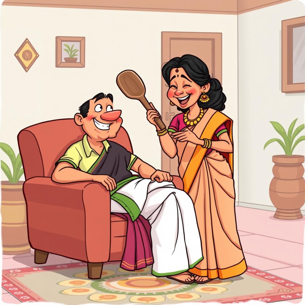 A humorous cartoon depicting a South Indian husband and wife