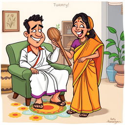 A humorous cartoon depicting a South Indian husband and wife