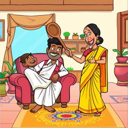 A humorous cartoon depicting a South Indian husband and wife