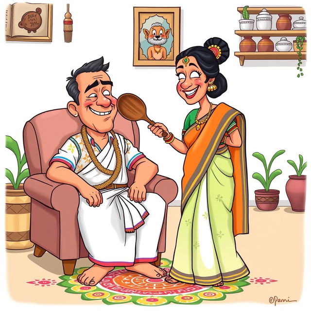 A humorous cartoon depicting a South Indian husband and wife